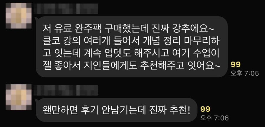 단톡방 메시지. 자료를 구매해 집에서 따라 만든 분이 진짜 강추이고, 여러 강의를 들어봤지만 여기가 제일 좋아서 지인에게 추천한다는 내용